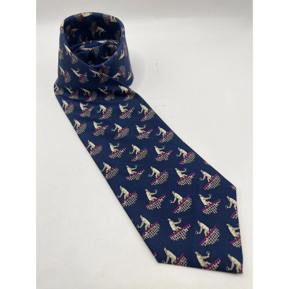 Polo Ralph Lauren Tie 100% Silk Tennis Print Blue‎ Handmade In USA